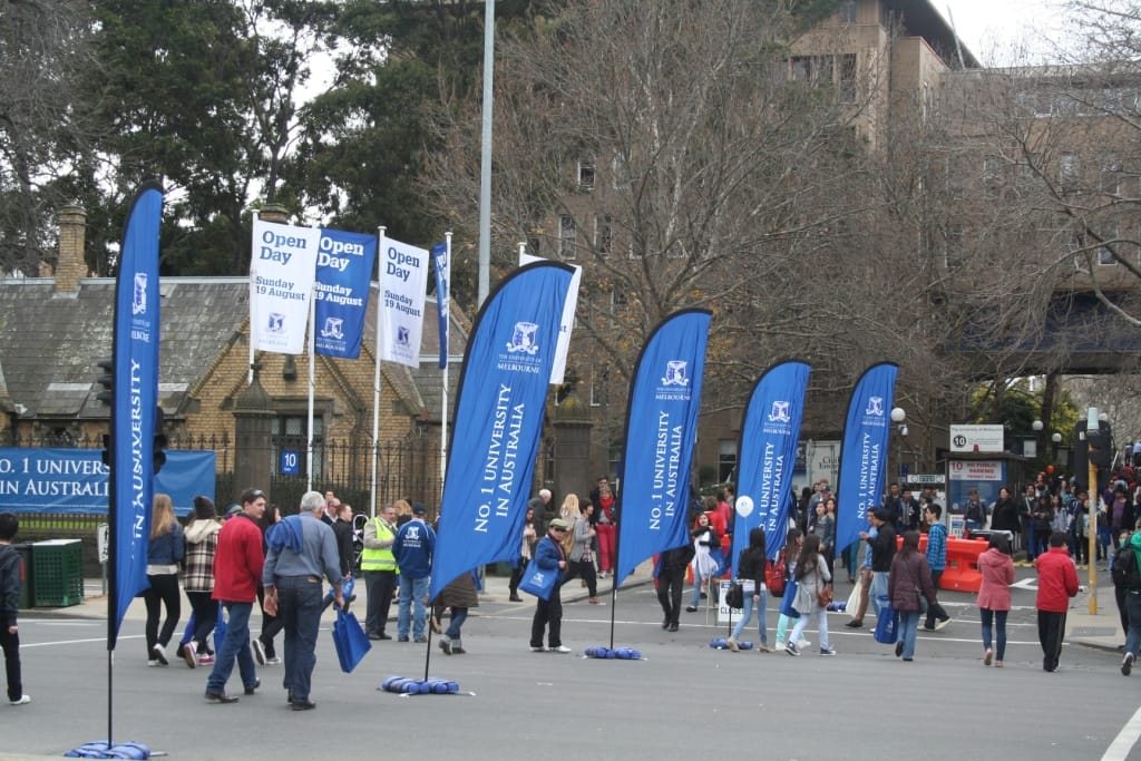 Feather flags in a University of Melbourne open day event