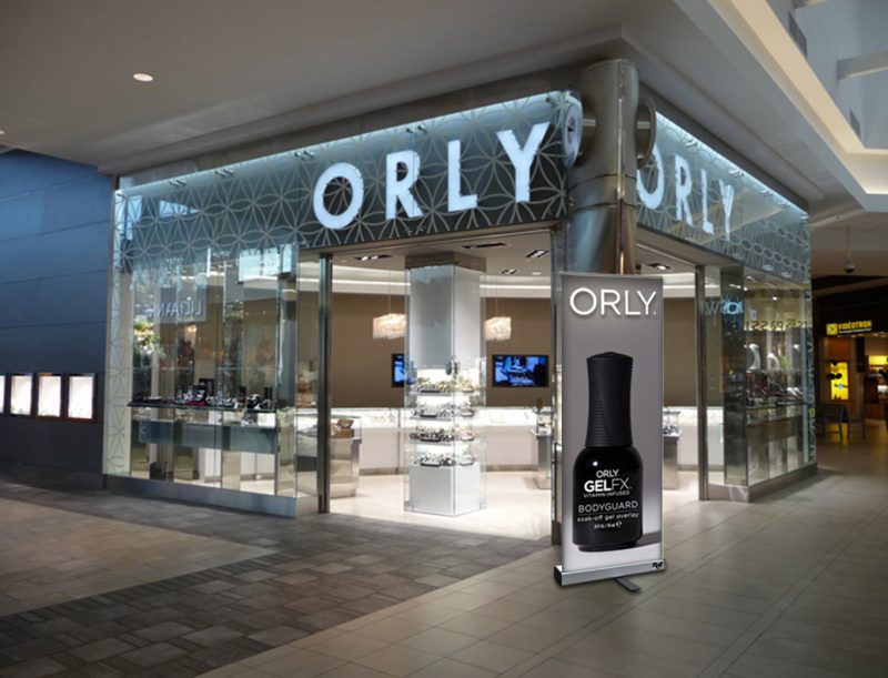 Pull up banner in front of an ORLY retail store